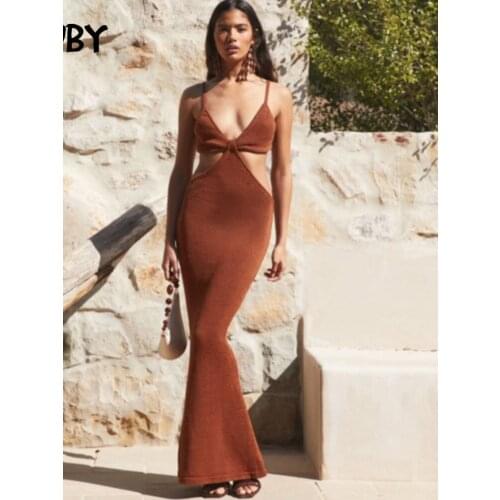 SRUBY Summer Beach Maxi Dress Women Hollow Out Backless Long Dress Spaghetti straps Casual V-Neck Sexy Party Dress Robe Femme