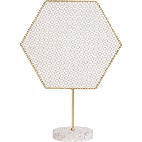Golden Metal Pentagon Grid Jewelry Display Stand with Marble Base Earring Ear Studs Storage Rack Desktop Decor Ornaments Crafts