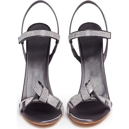 Grey Silk Single Strap Butterfly Knot Stiletto Heel Sandals Bling Bling Crystal Thin High Heel Sandals Open Toe Banquet Shoes