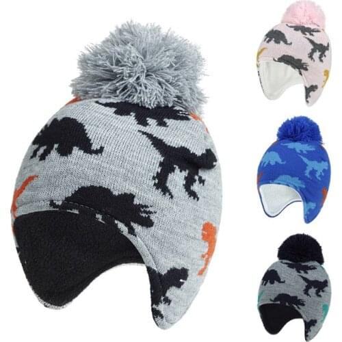 Children Hats and Caps Winter Beanie Bomber Baby Boy Girl Hat Cartoon Dinosaur Jacquard Warm Woolen Knitted Toddler Kids Hat Cap