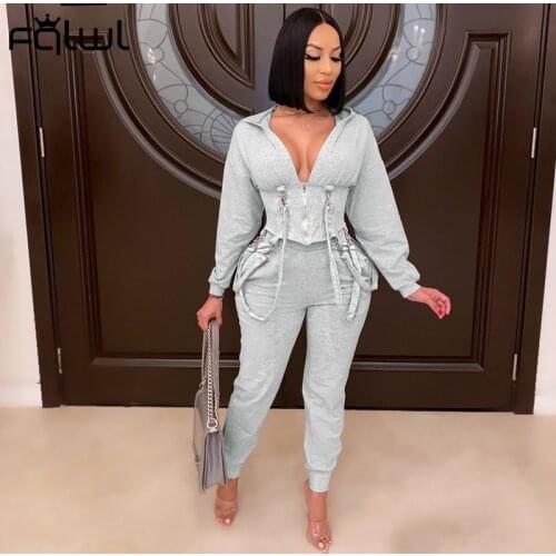 FQLWL Fall 2020 Casual Two 2 Piece Set Women Outfits Zipper Bandage Bodycon Hoodies Leggings Women Pants Matching Sets Sweatsuit