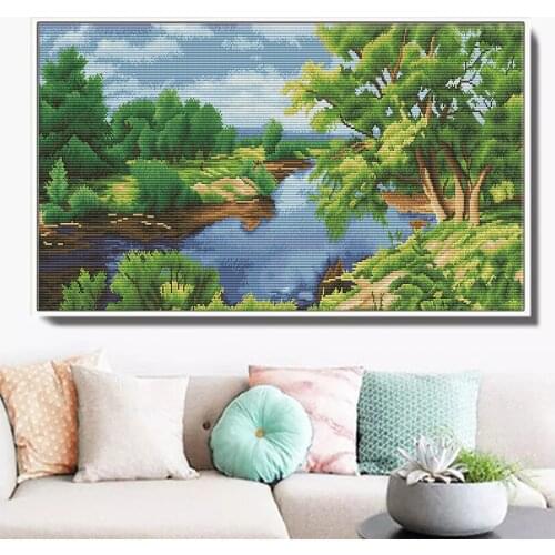 HUACAN Cross Stitch Landscape River Needlework Sets For Full Embroidery Tree Kits White Canvas 14CT DIY Home Decor 70x35cm