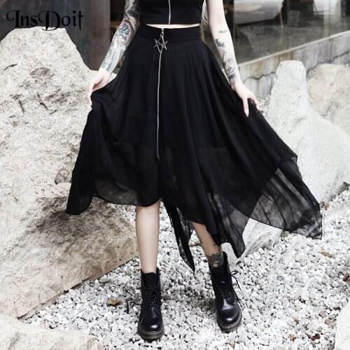 InsDoit Sexy Mesh Gothic Women Skirts Pentagram Zipper Black Punk Skirts Darkness Skirt Summer Loose Streetwear Asymmetric Skirt