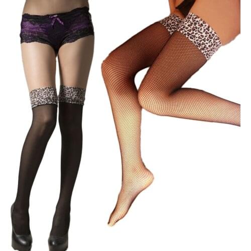 Leopard Top Thigh High Fishnet Stockings sexy lady high knee sheer Silicone strips Comfortable Tight club party hosiery