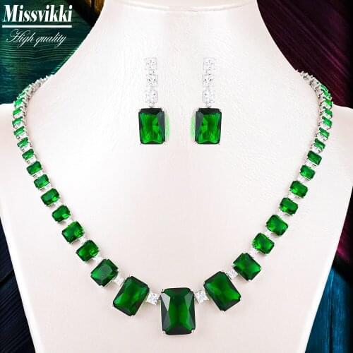Missvikki High Quality Charms Shiny Clear Green Crystal Necklace Earrings Bridal Wedding Jewelry Sets For Women Girl Party Show