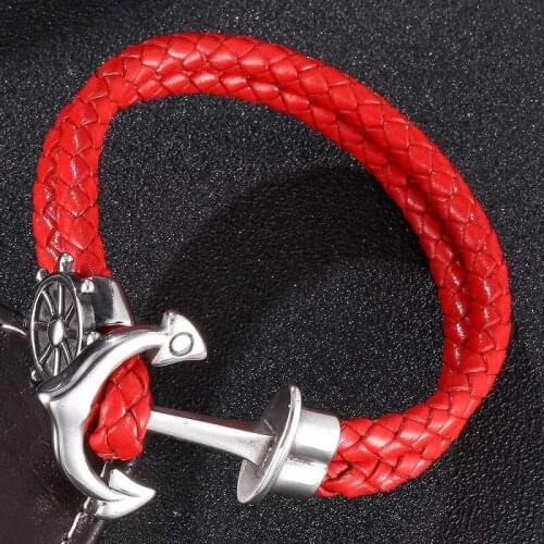 Fashion Double Layer Red Leather Braided Charm Bracelet Women Men Jewelry Stainless Steel Anchor Buckle Punk Bracelets ST0179