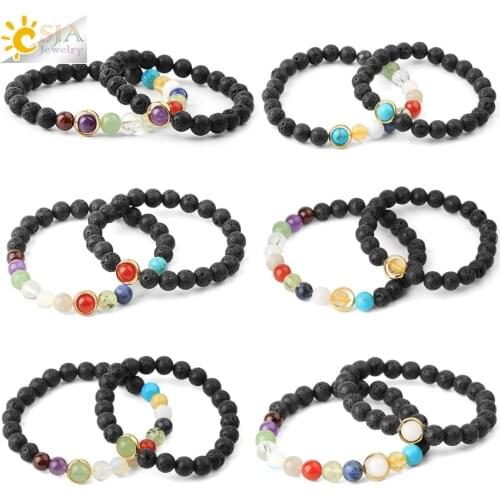 CSJA Men Natural Stone Birth Stone Bracelet Black Lava Healing Elastic Crystal Charm Bracelets for Couple Reiki Jewelry G727