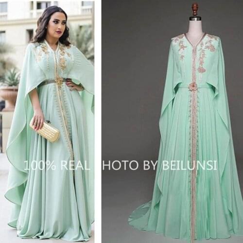 Mint Green Caftan Evening Dresses Long Sleeve Gold Appliques Embroidery Kaftan Prom Gowns Arabic Abaya Plus Size Formal Dress