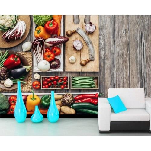 Papel de parede Vegetables Wood planks Cutting board Food 3d wallpaper murals for dining room kitchen restaurant bar cafe