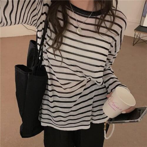 Striped Round Neck Long-sleeved T-shirt Womens Summer New Loose and Thin All-match Casual Bottoming Shirt