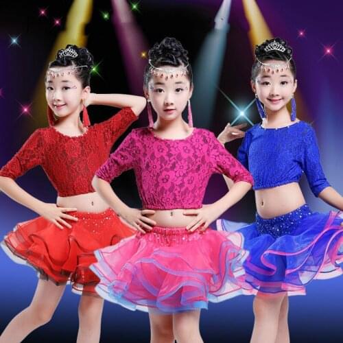 Latin Dance Dresses Girls New Sexy Lace Latin Skrit Rumba Dancing Skirt Children Competition Rumba Latin Dresses