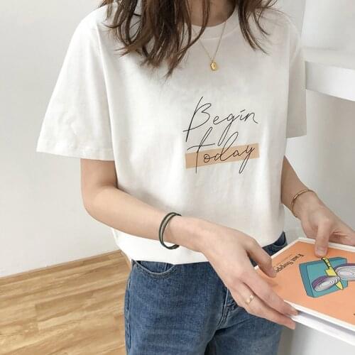 Casual O-neck Letter Print Women T-shirt Summer Short Sleeve Loose Female Basic Tops Shirt GirlsTees 100% Cottonmale