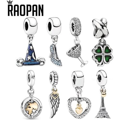 RAOPAN shiny double heart lucky four-leaf clover crystal shoe charm charm 925 silver gift for girlfriend authentic