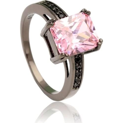 Luxury square pink black Czech zircon paved jewellery women wedding rings black gold-color Princess Cut Engagement Ring