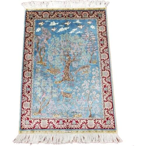 Seeykeep™ 2.7x4ft Rectangle Silk Handknotted Exquisite Tree of Life With Animals Of Paradise Motif Rug Azure Backcolor-FC3016031