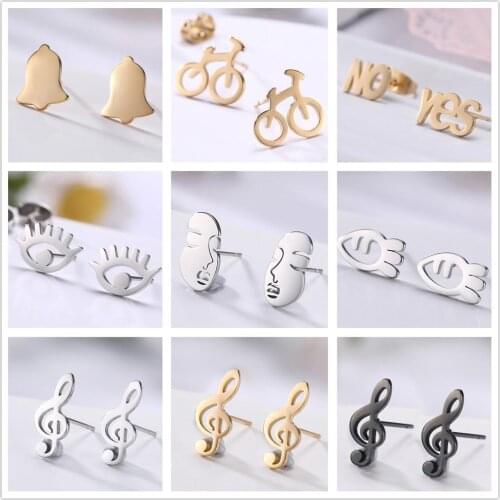 Skyrim Golden Black Stainless Steel Stud Earrings Set Musical Note Evil Eye Bike Small Bell Carrot No Yes Earring Gift for Women