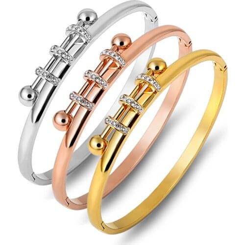 Three Circle Crystals Bracelets & Bangles Titanium Steel Jewelry Women Gold Charm Cuff Bangles Cubic Zirconia Pulseira