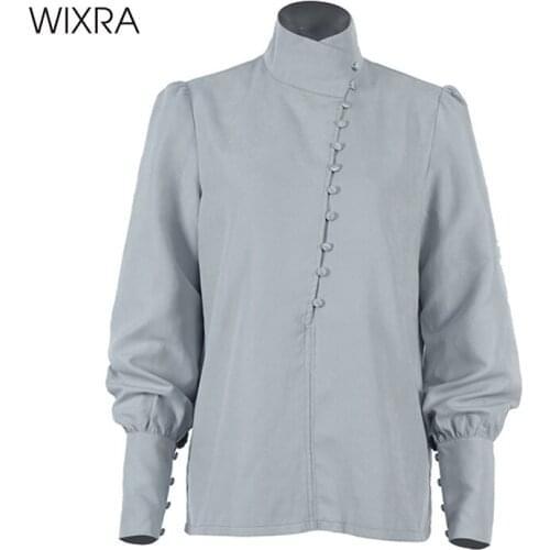 Wixra 2021 Women Autunm Turtleneck Single Breasted Button Solid Long Lantern Sleeve Shirt Elegent Vintage OL Lady Blouse