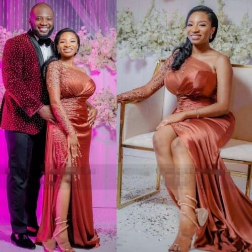 South African Plus Size Prom Dresses sexy side Slit Lace Appliques Mermaid One Shoulder Long Sleeves Evening Gowns Abendkleider