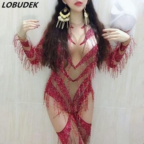 Sexy Occident Nightclub Bar Costumes Female DJ singer DS stage leotard jumpsuit red tassels Crystal Rompers Prom party show star