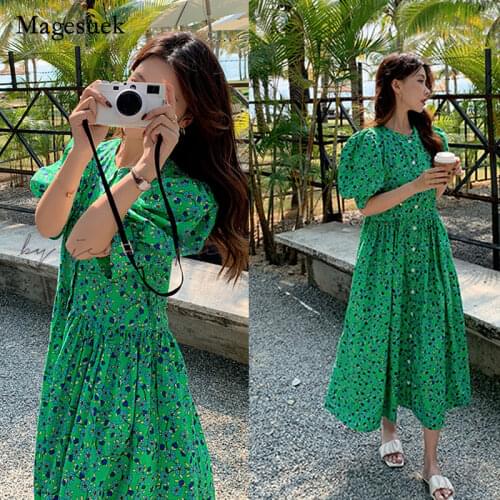 Korea Womens Summer Floral Dress Green Print O-neck Chiffon Puff Sleeve Dress Sweet Vintage Loose Waist Dress Vestidos 15686