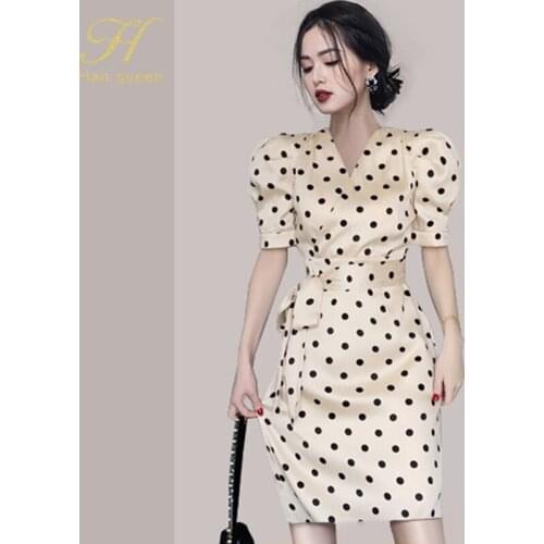 H Han Queen Summer Dresses Women Vintage Dot Office Bodycon Sheath Dress Korean Puff Sleeve Elegant Occupation Pencil Vestidos