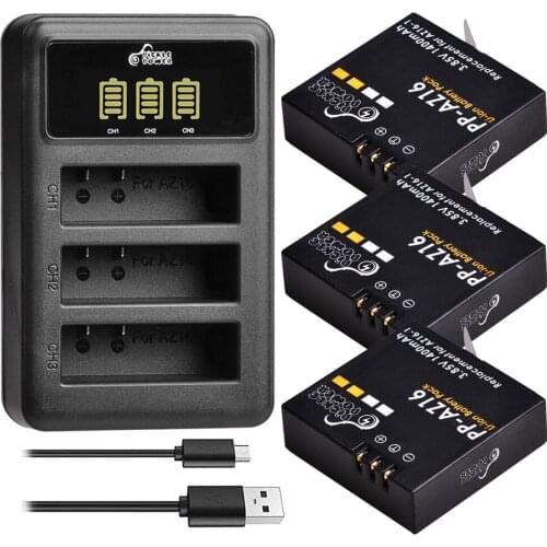 1400mAh AZ16-1 Batteries and 3-Channel LED USB Charger for Original Xiaomi YI lite 2 4K 4k Action Camera