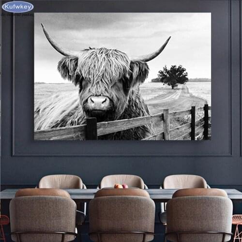 DIY 5D Diamond Painting Black and white animal art highland cattle Diamond Mosaic Full Drill Square Cross Stitch Handmade Gift