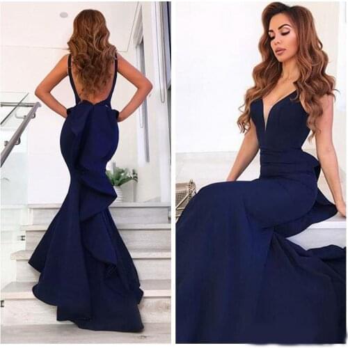 Noble Dark Navy V-Neck Mermaid Evening Dresses Sexy Open Back Sleeveless Satin Long Prom Dress Party Gowns P Formal Gowns Zipper