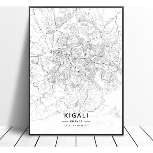 Black and White Kigali Rwanda Latitude Longitude Canvas Art Map Poster