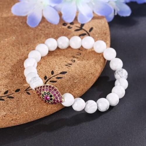 Black Rose Gold Lips Beaded Bracelet White Natural Stone Beads Bracelet Braceletfor Men Women Friend Gift Charm Strand Jewelry