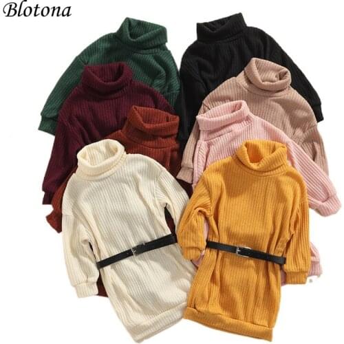 Blotona Kids Casual Dress, Solid Color Knitted High-Neck Long Sleeves Loose Skirt with Waist Belt for Little Girls, 2-7Years