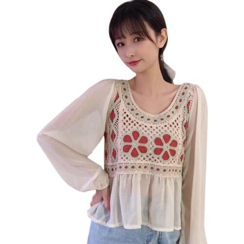 Women Insertional Lace Long Sleeve Chiffon Shirt for Women Summer Round Neck Foreign Tops New