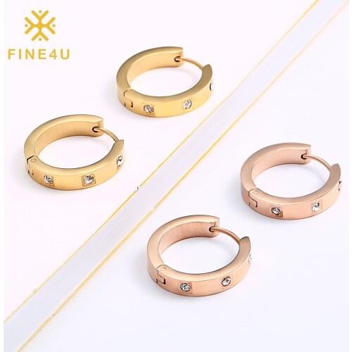 FINE4U E313 Stainless Steel Curved Face Round Hoop Earrings Luxury CZ Hinge Snap Huggie Hoop Earrings for Women Girls