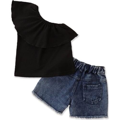 Citgeett Summer Kids Girls T-shirt and Shorts Set Fresh Solid Color Ruffles Tops Denim Short Pants Clothes