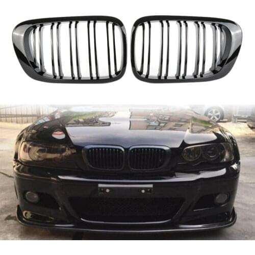 Liplasting Car Front Bumper Grill Pair Dual Slat Front Kidney Grille Glossy Black For BMW E46 318I 320I 325I 330I 1998-2002 2pcs