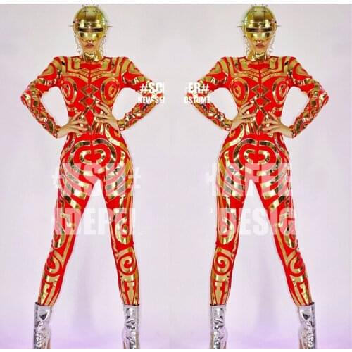 New Bar DJ DS Stage Performance Costumes Female Singer Long Sleeve Red And Gold Jumpsuit Men Technology Style Bodysuit DWY6192