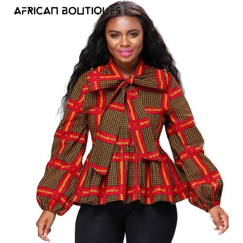 Autumn Fashion Lantern Sleeve Printed Shirt Dashiki Traditional Womens African Clothing Plaid Large Bow Collar Womens Clothing