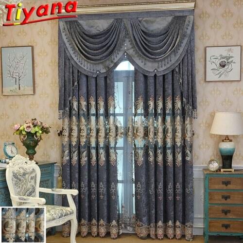 Blue/Grey Luxury Embroidered Curtains for Living Room Bedroom Floral Pattern Grommet Chenille Curtain Drapes Window Treatment#VT