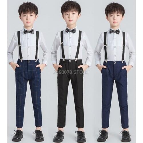 School Kids Formal Dress Boys Wedding Suit Gentleman Prince Girls Strap Shirt Pants Bowtie 4Pcs Piano Performance Costume
