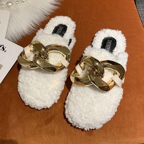WEIBATE Brand Design Women Slipper Fashion Gold Chain Slip On Mules Shoes Winter Warm Fur Slides Casual Flat Flip Flop Female