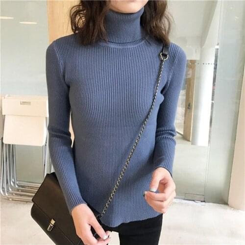 Womens Turtleneck Sweater Autumn Winter Long Sleeve Knitted Pullover Fashion Solid Color Slim Elastic Thick Short Jumper Female