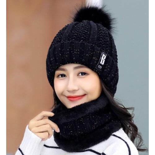 Warm winter skull without eaves and fleece knitted hat Brand high-quality winter ski wool fur hat scarf warm knitted scarf SP011
