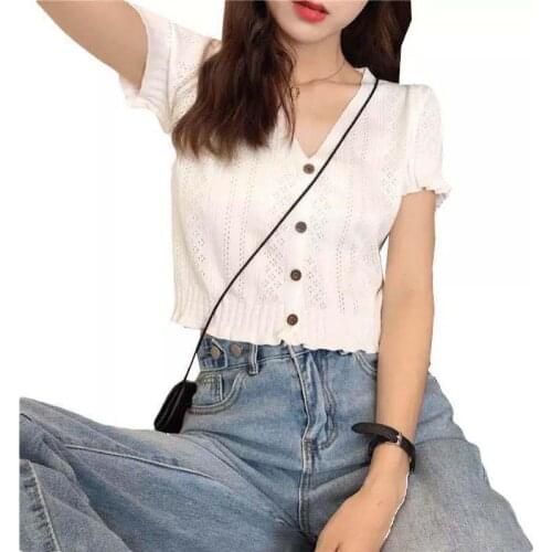 Slim T shirt Women Summer Knitted Ice Silk Short Sleeve V Neck Button tank Top Hot Women T-shirts