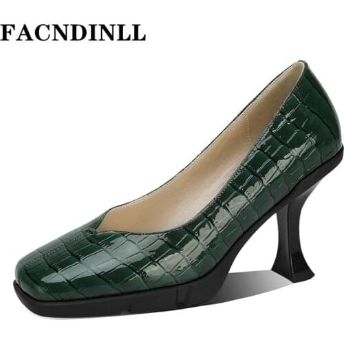 Genuine Leather Women Pumps Sexy High Heels Square Toe Black Green Dress Party Office Lady Shoes Pumps 2022 Spring Summer Shoes
