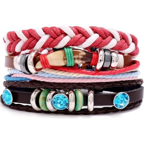 Punk Rock Fashion Leather Wristbands Bracelet Set Retro Braided Wolfs Fang Crystal Beads Charm Bangle Wrap Vintage Jewelry Gift