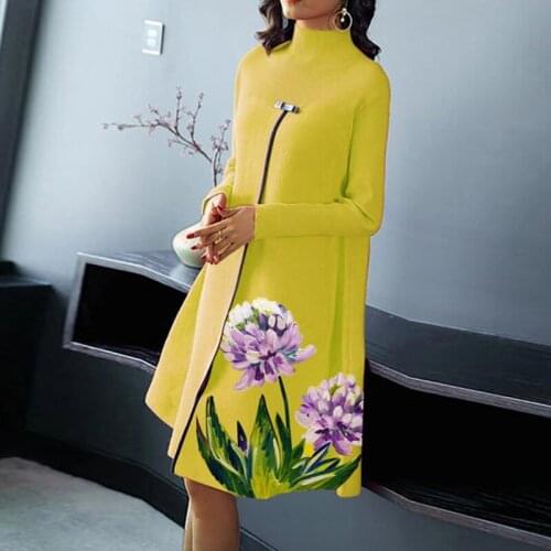 Vintage Patchwork Flower Print Party Dress Women Wear Turtlenck Slim Office Business Long Sleeve Women Dress Jumper Spring