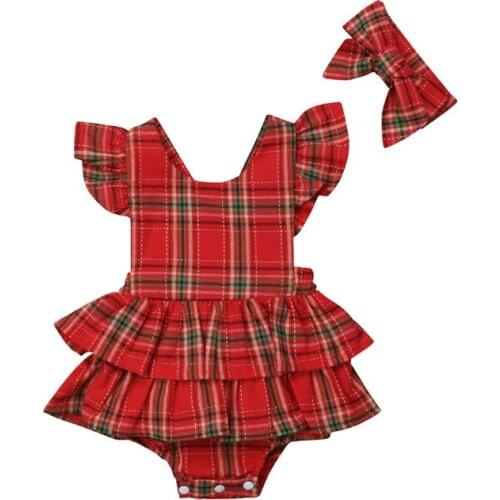 Newborn Infant Baby Girl Ruffle Plaid Ruffles Romper Dress Jumpsuit Headband 2pcs Outfit Clothes