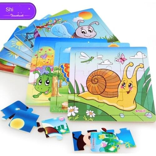 9pcs/ Set Wooden Puzzles Brain Teaser Puzzle Children Educational Toys Baby Insects Cartoon Kids Shapes Tangram Jigsaw Gift P140