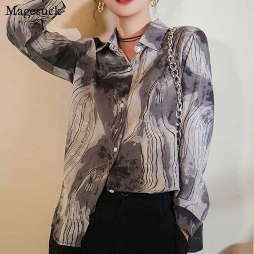 Black Vintage Women 2020 Casual Korean Printed Single Breasted Womens Clothing Long Sleeve Chiffon Blouse Blusas Mujer 11237
